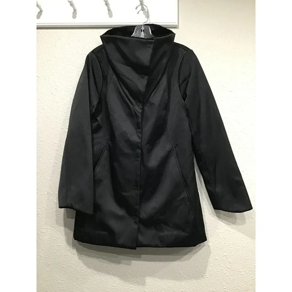 Eileen Fisher Bonded Fleece Funnel Neck Jacket Coat Black S Minimalist Chic Luxe